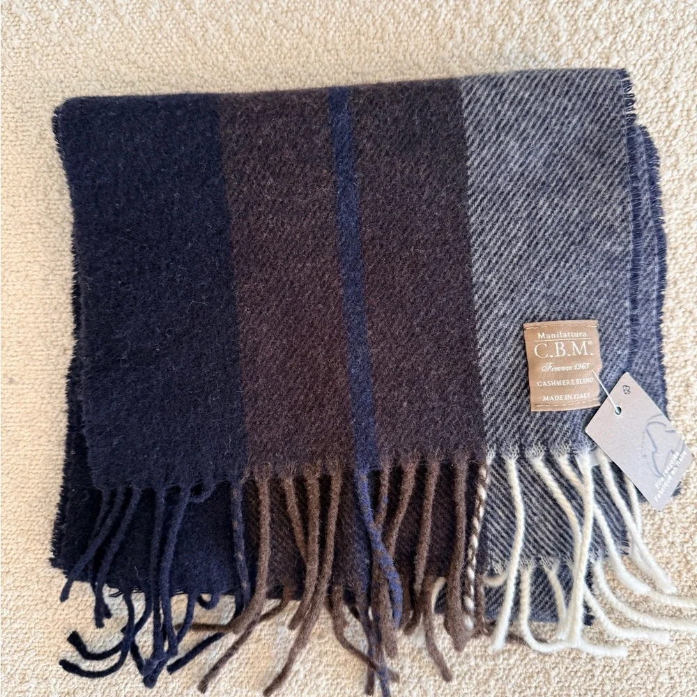 Made in Italy 80% Wool 20% Cashmere Striped Fringe Scarf  Navy Brown Gray NWT